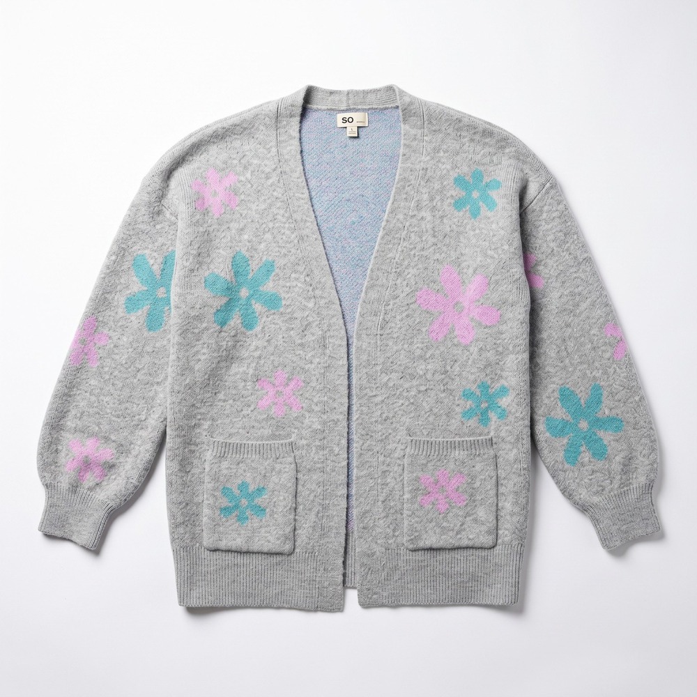 SO Womens 16 Plus Gray Floral Knit Open Front Cardigan Sweater Boho Cozy